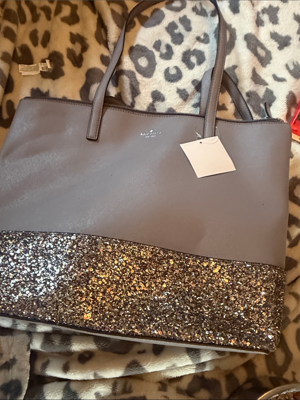 Kate Spade Greta Court Penny Cityscape Glitter Tote Bag Taupe Gray